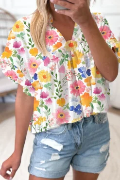 Hot Dear-Lover Floral Boxy Fit Ruffled Short Sleeve V Neck Blouse Yellow
