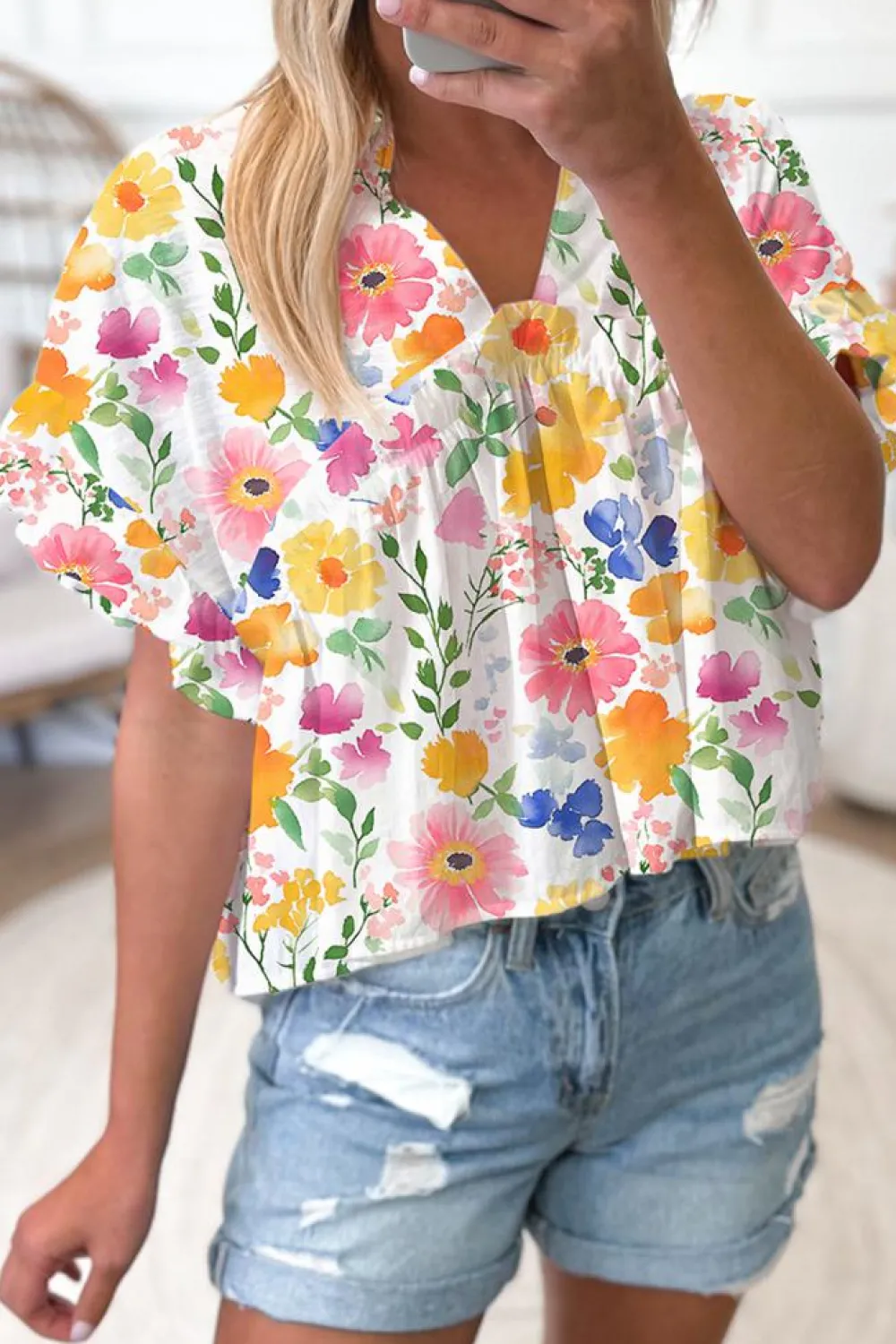 Hot Dear-Lover Floral Boxy Fit Ruffled Short Sleeve V Neck Blouse Yellow