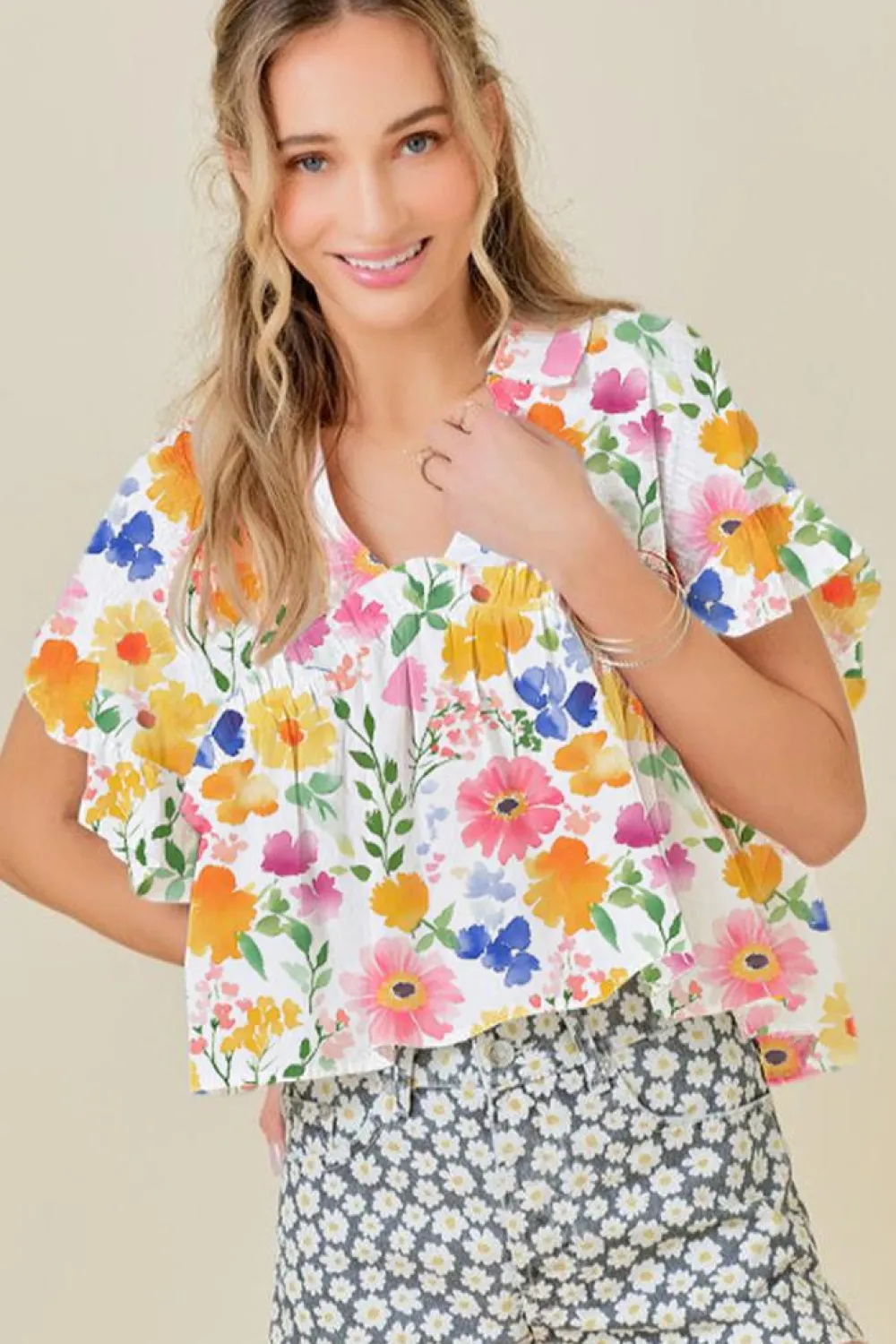 Hot Dear-Lover Floral Boxy Fit Ruffled Short Sleeve V Neck Blouse Yellow