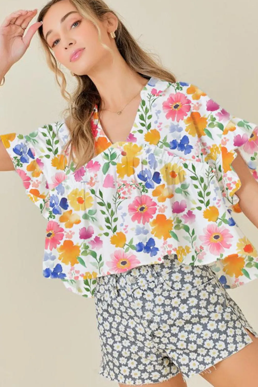 Hot Dear-Lover Floral Boxy Fit Ruffled Short Sleeve V Neck Blouse Yellow