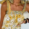 Hot Dear-Lover Floral Patchwork Tied Straps Buttoned Tank Top Yellow