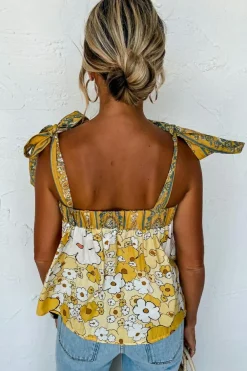 Hot Dear-Lover Floral Patchwork Tied Straps Buttoned Tank Top Yellow