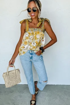 Hot Dear-Lover Floral Patchwork Tied Straps Buttoned Tank Top Yellow