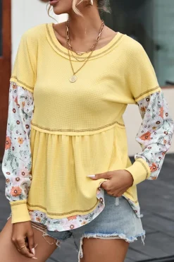 Clearance Dear-Lover Floral Patchwork Waffle Knit Babydoll Blouse Yellow