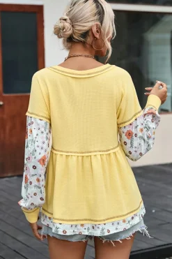 Clearance Dear-Lover Floral Patchwork Waffle Knit Babydoll Blouse Yellow