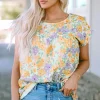 New Dear-Lover Floral Print Keyhole Back Short Sleeve Babydoll Blouse Yellow