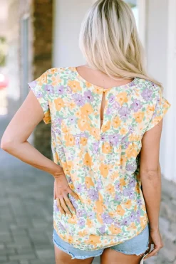 New Dear-Lover Floral Print Keyhole Back Short Sleeve Babydoll Blouse Yellow