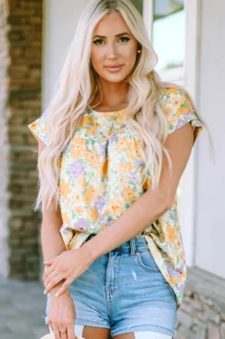 New Dear-Lover Floral Print Keyhole Back Short Sleeve Babydoll Blouse Yellow