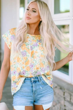 New Dear-Lover Floral Print Keyhole Back Short Sleeve Babydoll Blouse Yellow