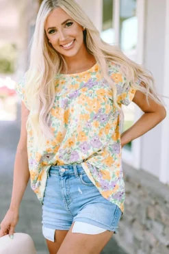 New Dear-Lover Floral Print Keyhole Back Short Sleeve Babydoll Blouse Yellow