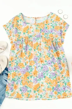 New Dear-Lover Floral Print Keyhole Back Short Sleeve Babydoll Blouse Yellow