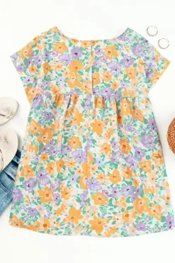 New Dear-Lover Floral Print Keyhole Back Short Sleeve Babydoll Blouse Yellow