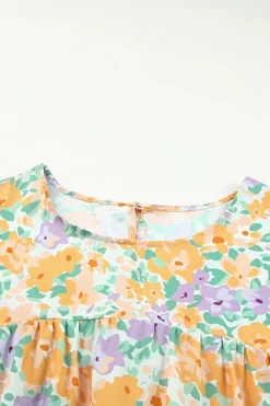 New Dear-Lover Floral Print Keyhole Back Short Sleeve Babydoll Blouse Yellow