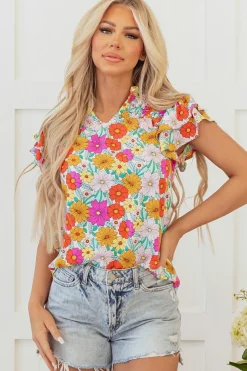 Fashion Dear-Lover Floral Print Shirred Tiered Ruffled Sleeve Blouse Yellow