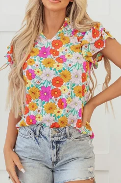 Fashion Dear-Lover Floral Print Shirred Tiered Ruffled Sleeve Blouse Yellow