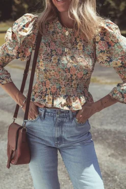 Hot Dear-Lover Floral Print Smocked Bubble Sleeve Ruffled Crop Top Yellow
