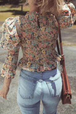 Hot Dear-Lover Floral Print Smocked Bubble Sleeve Ruffled Crop Top Yellow