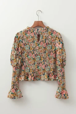 Hot Dear-Lover Floral Print Smocked Bubble Sleeve Ruffled Crop Top Yellow