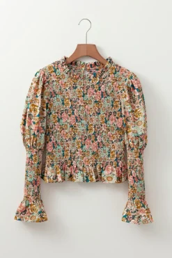 Hot Dear-Lover Floral Print Smocked Bubble Sleeve Ruffled Crop Top Yellow