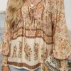 Sale Dear-Lover Floral Print Tie Neck Lantern Sleeve Blouse Yellow