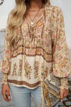 Sale Dear-Lover Floral Print Tie Neck Lantern Sleeve Blouse Yellow