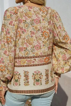 Sale Dear-Lover Floral Print Tie Neck Lantern Sleeve Blouse Yellow