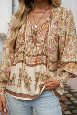Sale Dear-Lover Floral Print Tie Neck Lantern Sleeve Blouse Yellow