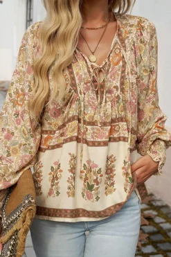 Sale Dear-Lover Floral Print Tie Neck Lantern Sleeve Blouse Yellow