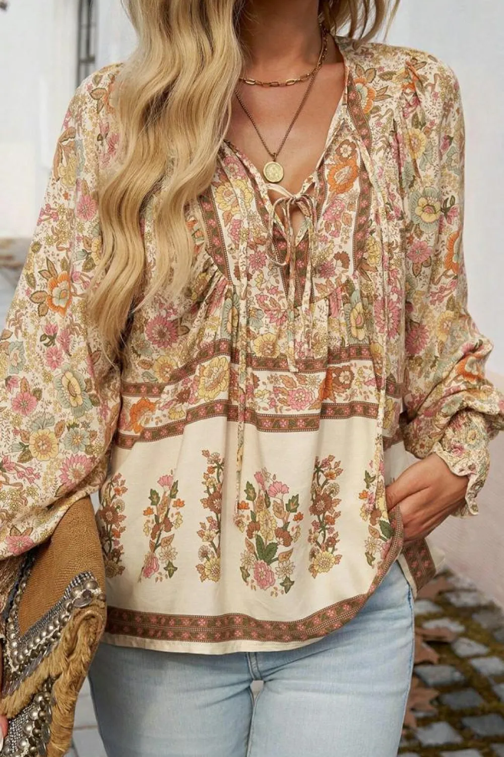 Sale Dear-Lover Floral Print Tie Neck Lantern Sleeve Blouse Yellow