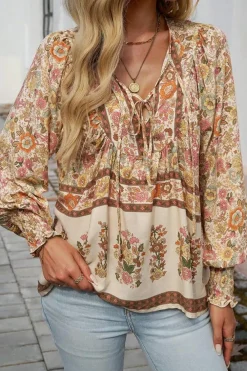 Sale Dear-Lover Floral Print Tie Neck Lantern Sleeve Blouse Yellow