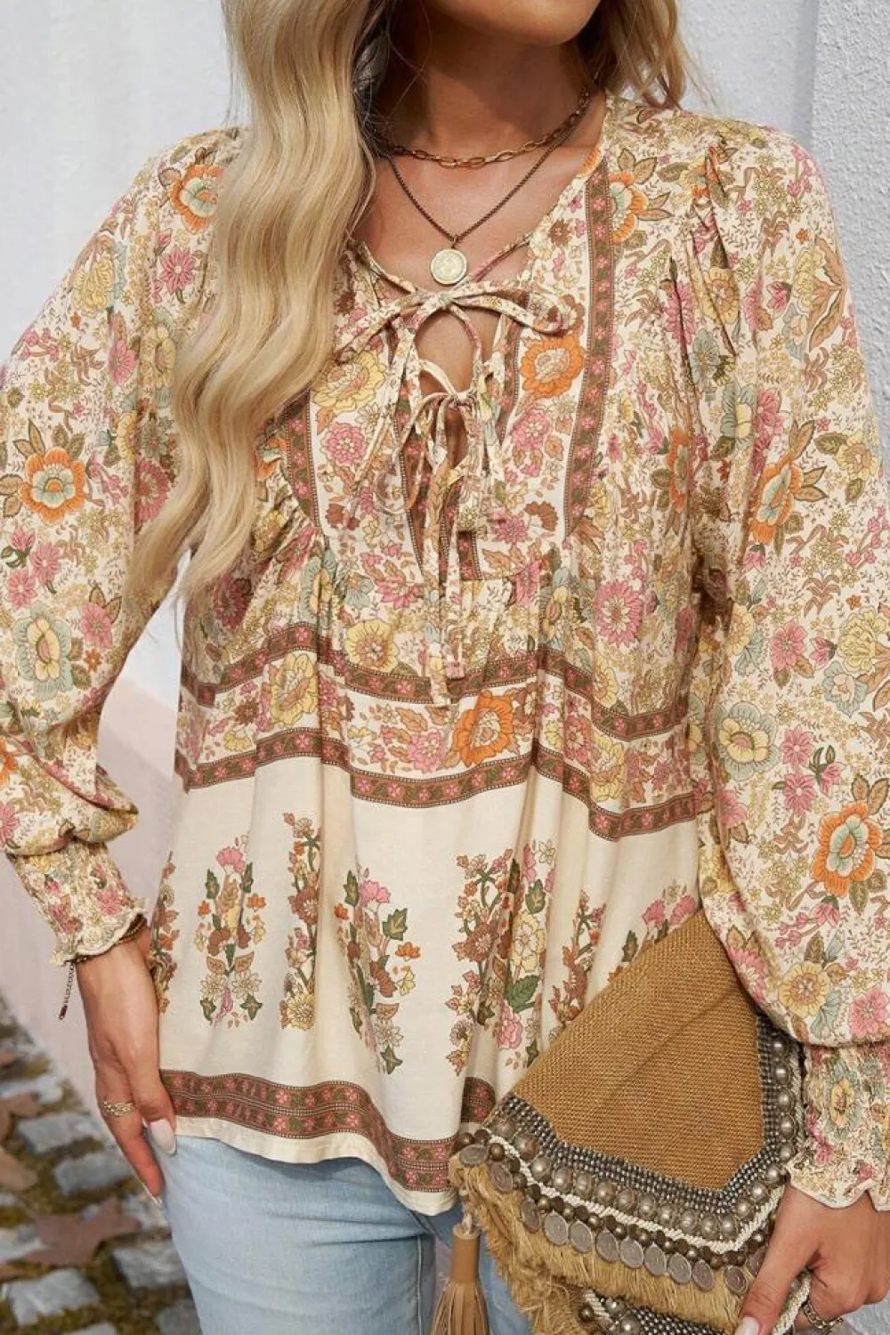 Sale Dear-Lover Floral Print Tie Neck Lantern Sleeve Blouse Yellow