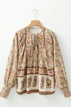 Sale Dear-Lover Floral Print Tie Neck Lantern Sleeve Blouse Yellow