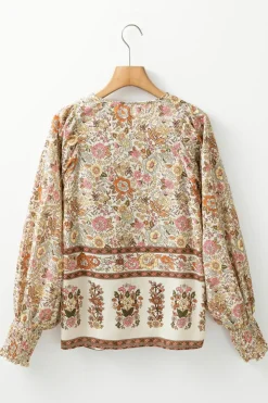 Sale Dear-Lover Floral Print Tie Neck Lantern Sleeve Blouse Yellow
