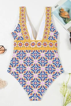 Hot Dear-Lover Floral Print V Neck One Piece Swimsuit Yellow