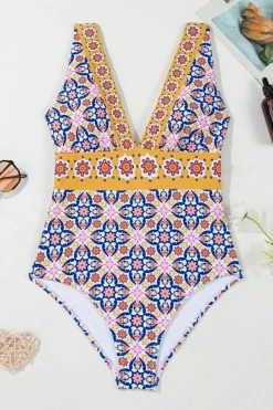 Hot Dear-Lover Floral Print V Neck One Piece Swimsuit Yellow