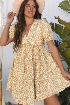 Outlet Dear-Lover Floral Short Sleeve V Neck Frilly Tiered Mini Dress Yellow