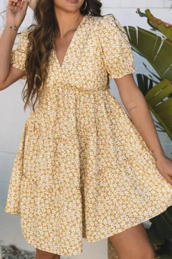 Outlet Dear-Lover Floral Short Sleeve V Neck Frilly Tiered Mini Dress Yellow