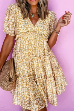 Outlet Dear-Lover Floral Short Sleeve V Neck Frilly Tiered Mini Dress Yellow
