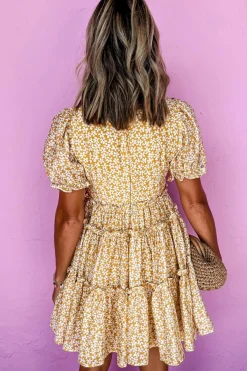 Outlet Dear-Lover Floral Short Sleeve V Neck Frilly Tiered Mini Dress Yellow