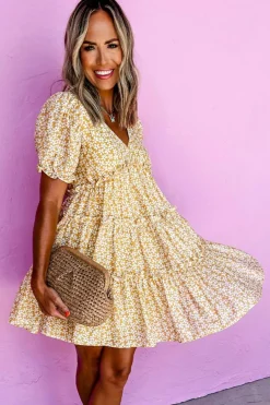 Outlet Dear-Lover Floral Short Sleeve V Neck Frilly Tiered Mini Dress Yellow