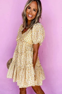 Outlet Dear-Lover Floral Short Sleeve V Neck Frilly Tiered Mini Dress Yellow