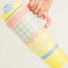 Sale Dear-Lover Flower Plaid Print Handle Insulated Large Portable Cup 33oz Yellow