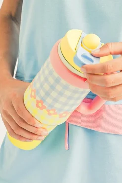 Sale Dear-Lover Flower Plaid Print Handle Insulated Large Portable Cup 33oz Yellow