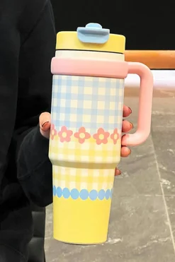 Sale Dear-Lover Flower Plaid Print Handle Insulated Large Portable Cup 33oz Yellow