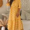 Online Dear-Lover Flower Print Bracelet Sleeve Buttons Collared Maxi Dress Yellow