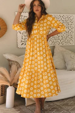 Online Dear-Lover Flower Print Bracelet Sleeve Buttons Collared Maxi Dress Yellow
