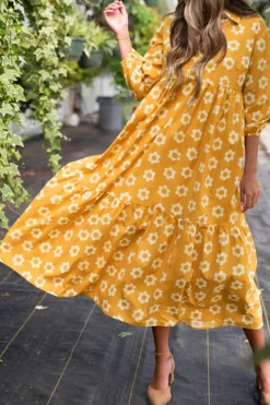 Online Dear-Lover Flower Print Bracelet Sleeve Buttons Collared Maxi Dress Yellow