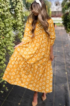 Online Dear-Lover Flower Print Bracelet Sleeve Buttons Collared Maxi Dress Yellow