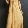 Hot Dear-Lover Frilly Smocked High Waist Floral Maxi Dress Yellow