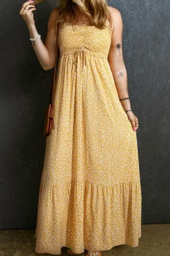 Hot Dear-Lover Frilly Smocked High Waist Floral Maxi Dress Yellow